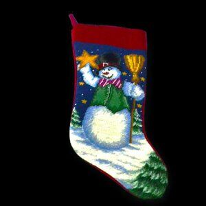 Christmas Stocking Needlepoint Snowman Holding Star Holiday Decor